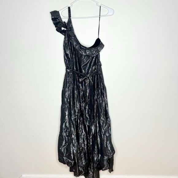 NWT Maeve Ruffled One-Shoulder Metallic Silver Midi Dress - Picture 2 of 6